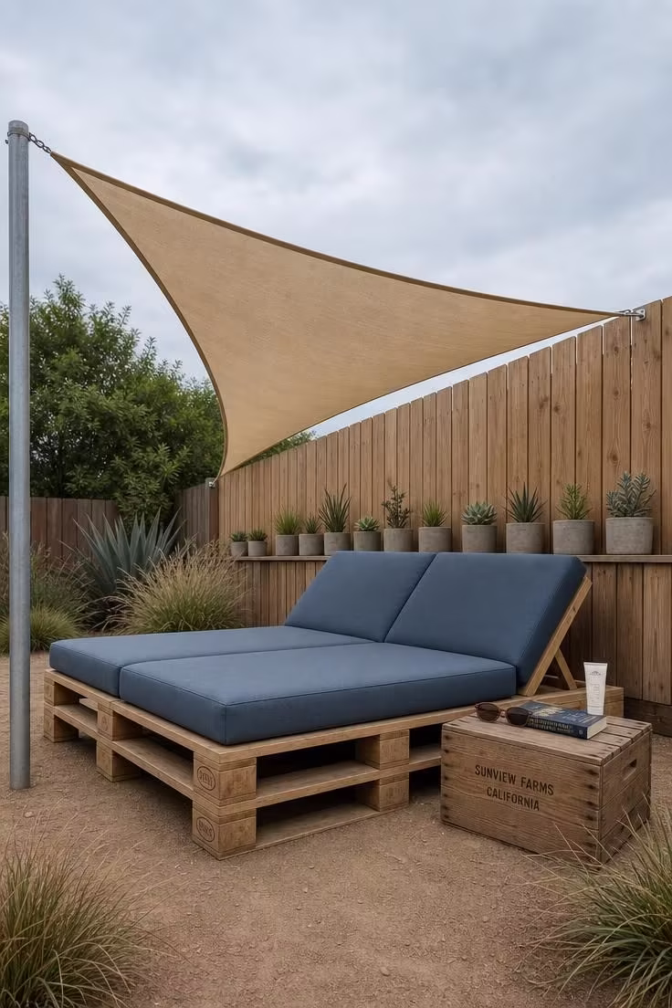 11 Cozy Backyard Reading Nook Ideas for Quiet Escapes 10 Recycled pallet lounger with slate blue canvas cushions under a triangular sand shade sail with succulent planters along a fence in overcast light.
