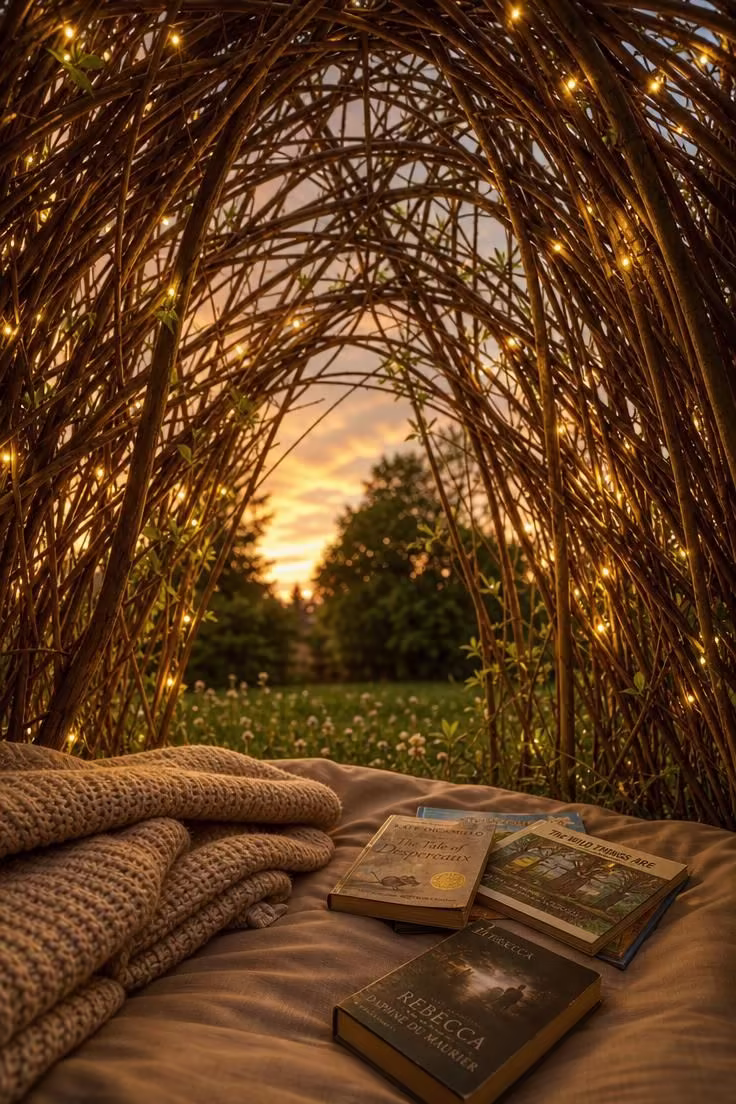 11 Cozy Backyard Reading Nook Ideas for Quiet Escapes 11 Low-angle view from inside a woven willow branch dome with fairy lights, looking up through the branches at golden hour sky, with a linen reading pad and books on the ground.