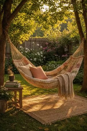 Golden hour backyard reading nook with a quilted hammock between trees, jute rug, throw pillows, and a side table with books and a steaming mug in a lush garden setting.