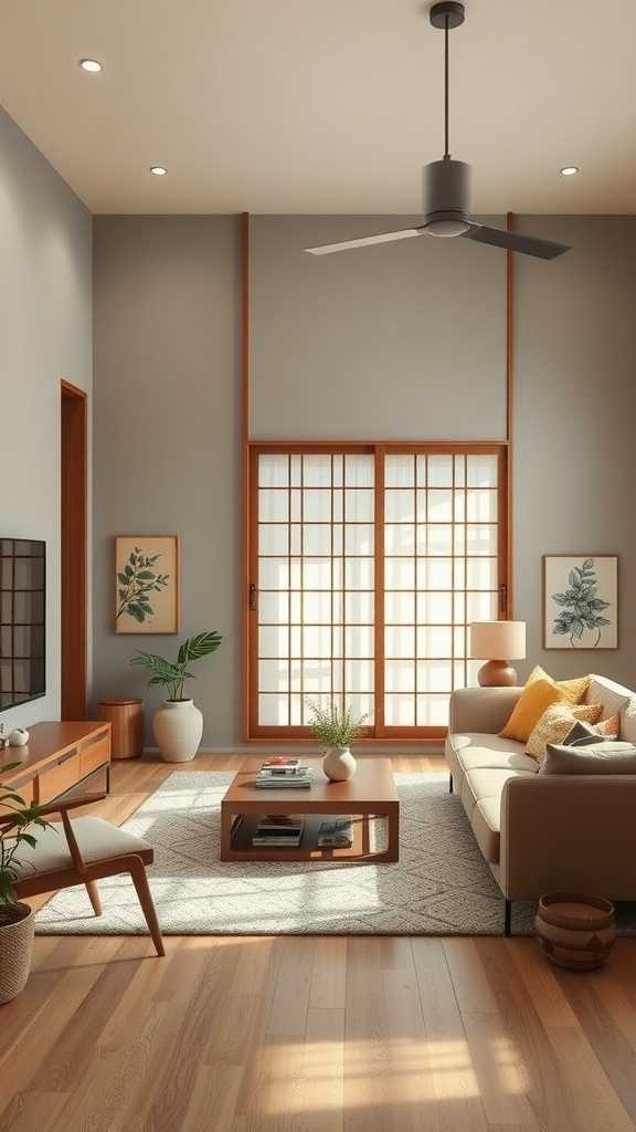 A beautifully designed Japandi style living room featuring clean lines, natural materials, and a cozy atmosphere.