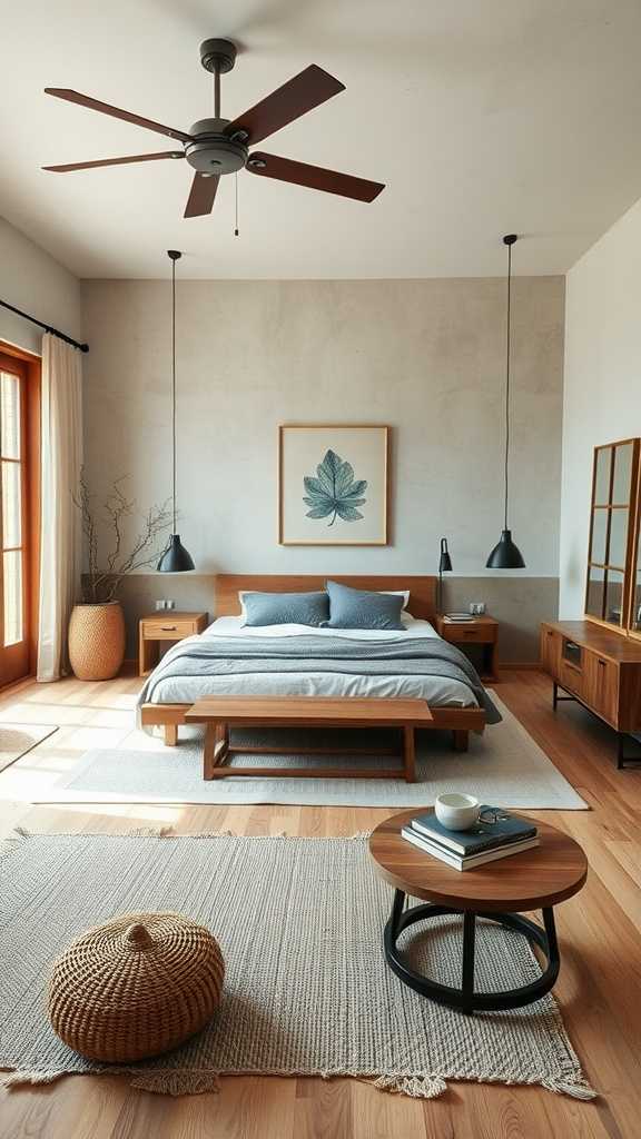 A wabi sabi bedroom featuring an open layout with natural light and minimal furniture.