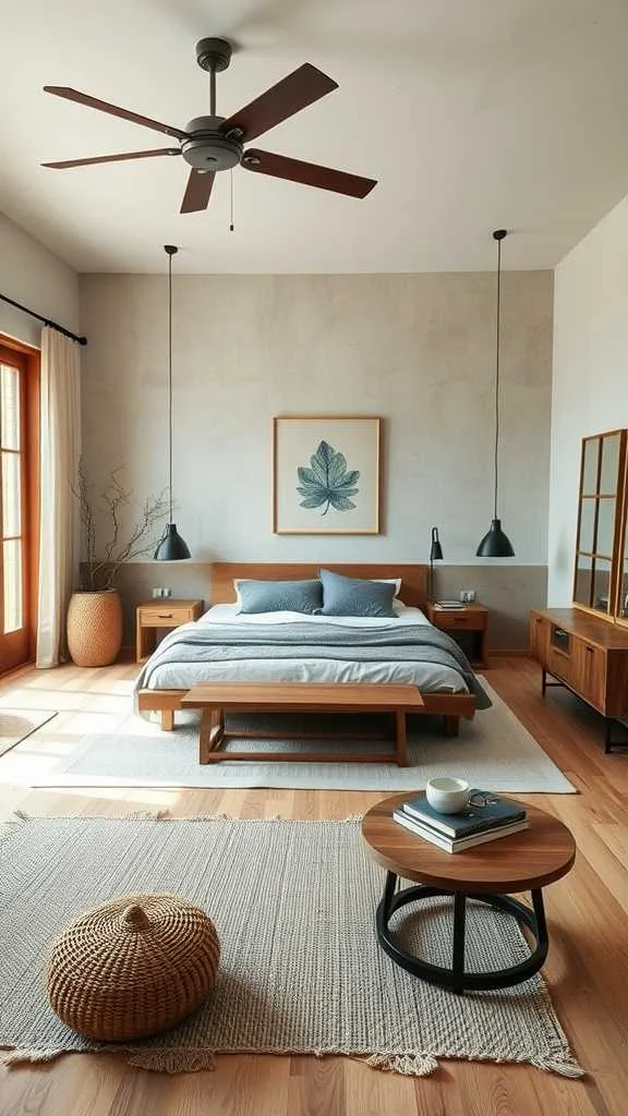 21 Wabi Sabi Bedroom Design Ideas for Calm and Beauty 21 A wabi sabi bedroom featuring an open layout with natural light and minimal furniture.