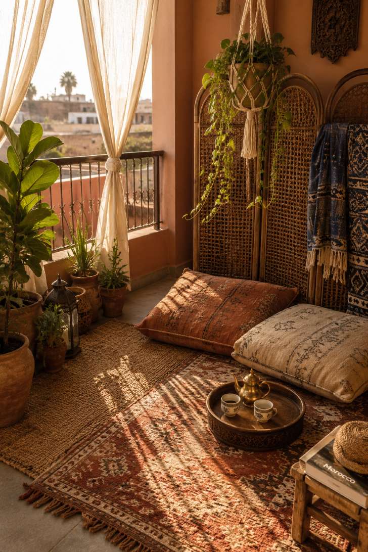 A bohemian balcony lounge with layered rugs, linen floor cushions, trailing pothos, and warm afternoon light filtering through sheer curtains