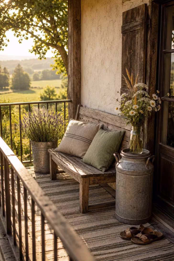 A rustic farmhouse-styled balcony with weathered bench, galvanized lavender planter, vintage milk can with wildflowers, and warm amber light