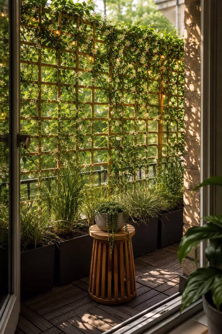 A balcony privacy screen of bamboo lattice woven with jasmine and string lights, ornamental grasses below, and dappled afternoon light