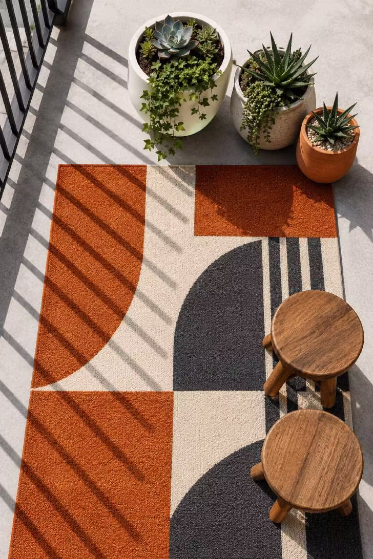 A top-down view of a bold geometric outdoor rug in burnt orange and cream anchoring a balcony with low stools and ceramic planters