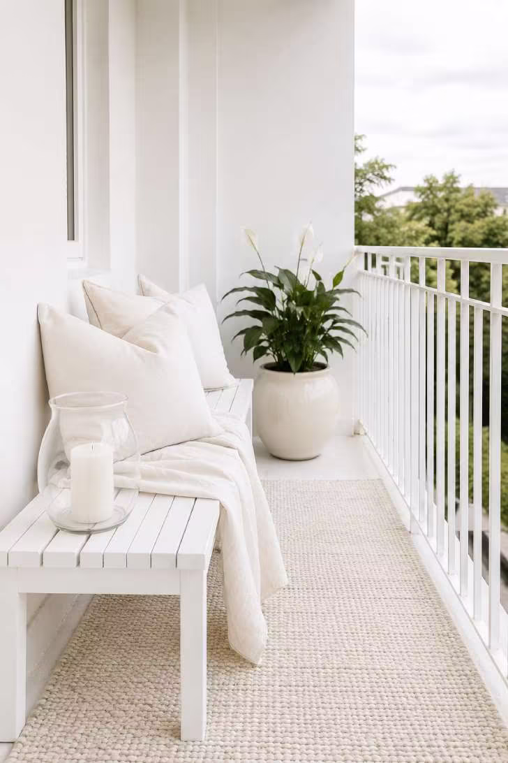 An all-white monochromatic balcony with varied textures — slatted bench, linen cushions, woven rug, ceramic planter — in diffused overcast light