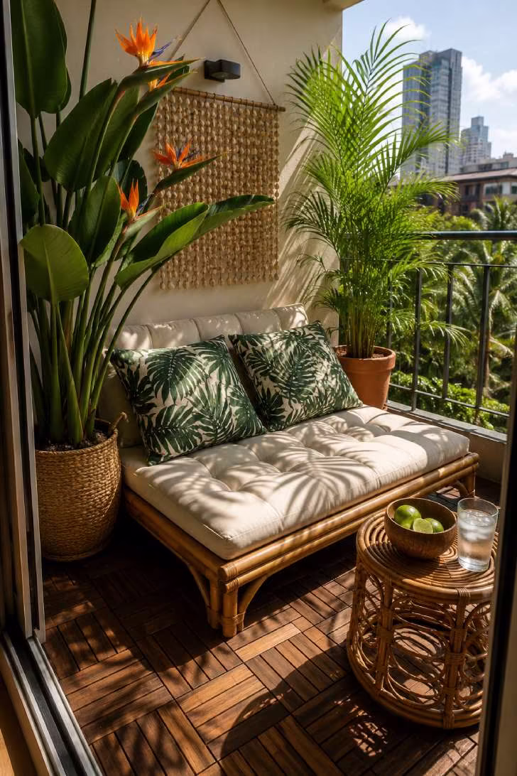 A tropical-styled balcony with rattan daybed, bird of paradise, areca palm, bamboo flooring, and strong afternoon sun casting leaf shadows