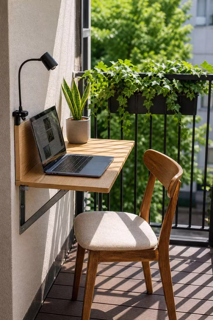 A work-from-balcony setup with fold-down oak desk, laptop, snake plant, and bright late-morning light with crisp railing shadows
