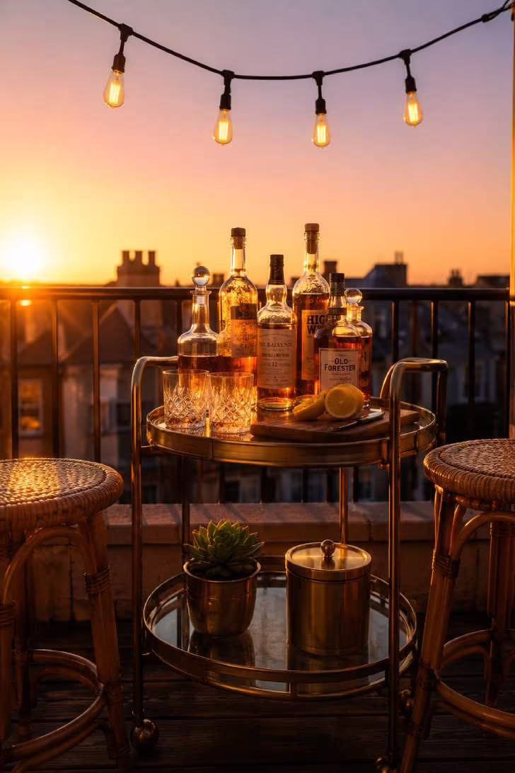 A sunset bar cart scene with brass cart, crystal glasses, rattan stools, Edison lights, and a peach-to-lavender sky behind