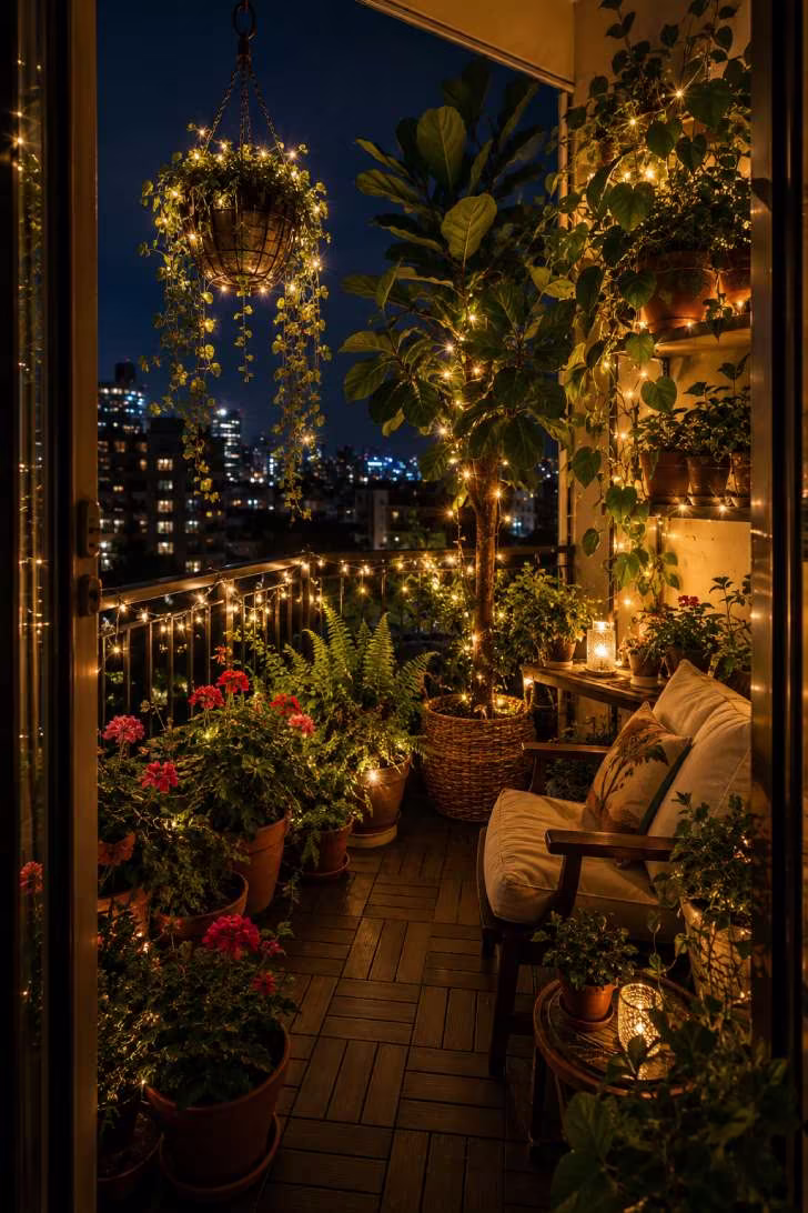 An enchanted garden balcony overflowing with plants at every level, woven through with warm fairy lights against a nighttime cityscape
