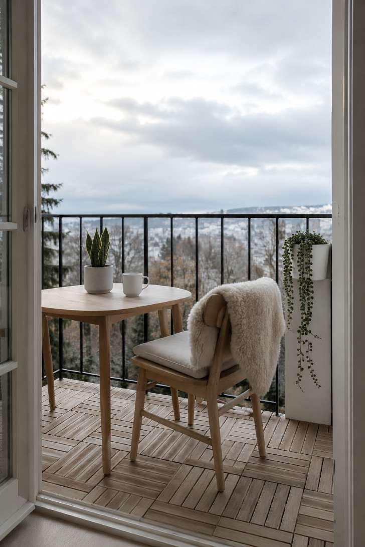 A minimalist Scandinavian balcony with light ash wood bistro set, pale deck tiles, a sheepskin throw, and cool morning light