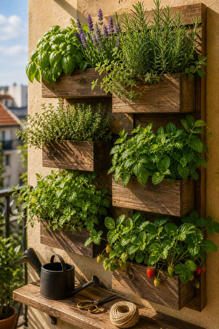 A vertical herb garden wall with staggered cedar planters full of basil, rosemary, and lavender, lit by warm midday sun