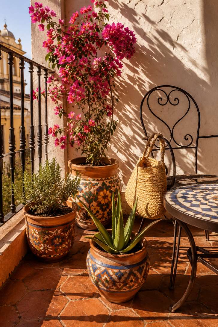 [Image 4] A Mediterranean balcony corner with wrought-iron chair, mosaic table, hand-painted terracotta pots, and strong afternoon sunlight