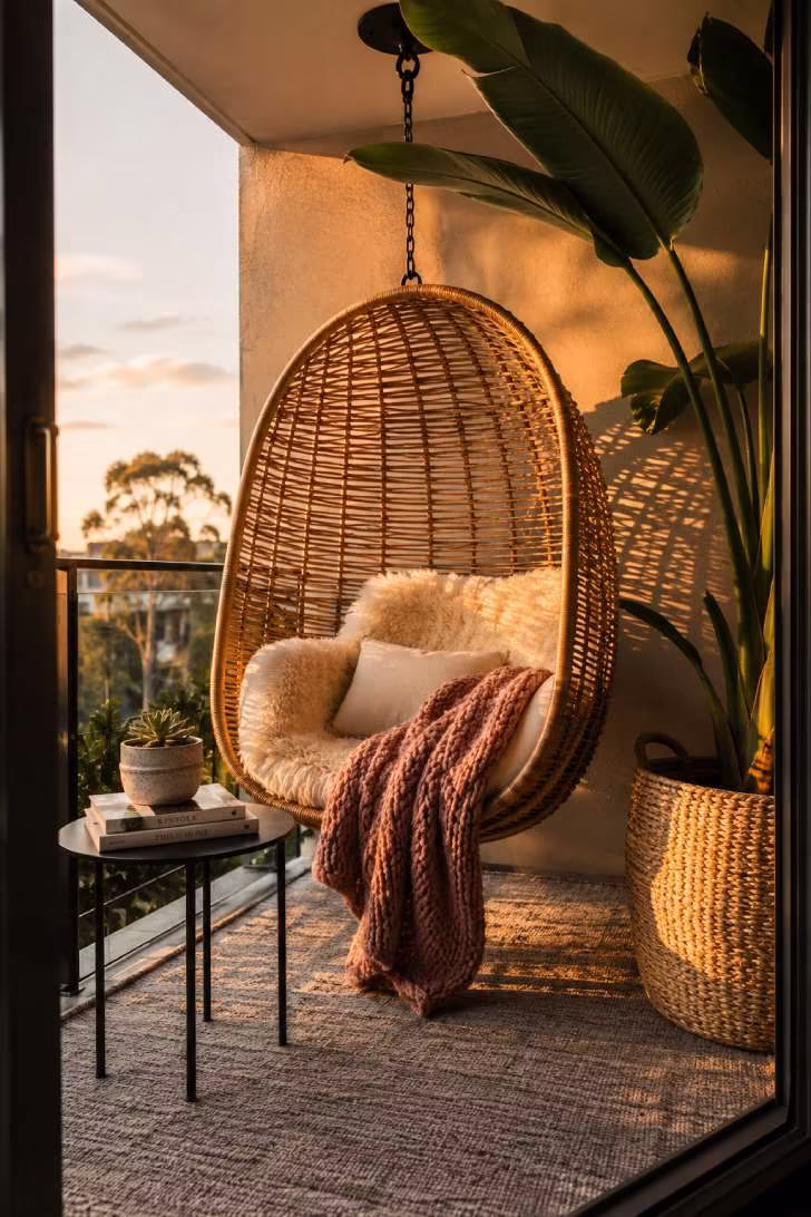 A rattan egg chair suspended on a balcony with sheepskin cushion, chunky knit throw, and golden-hour light warming the weave