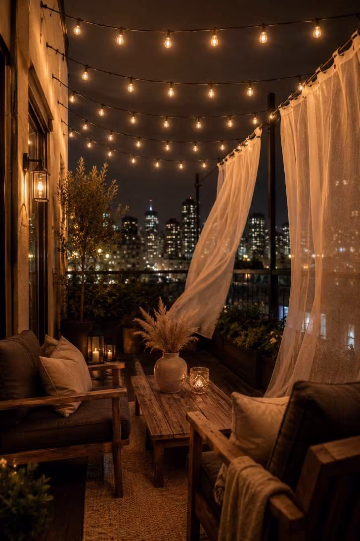An evening balcony with Edison string lights draped overhead, sheer curtains billowing, and deep-cushioned chairs below a glowing canopy