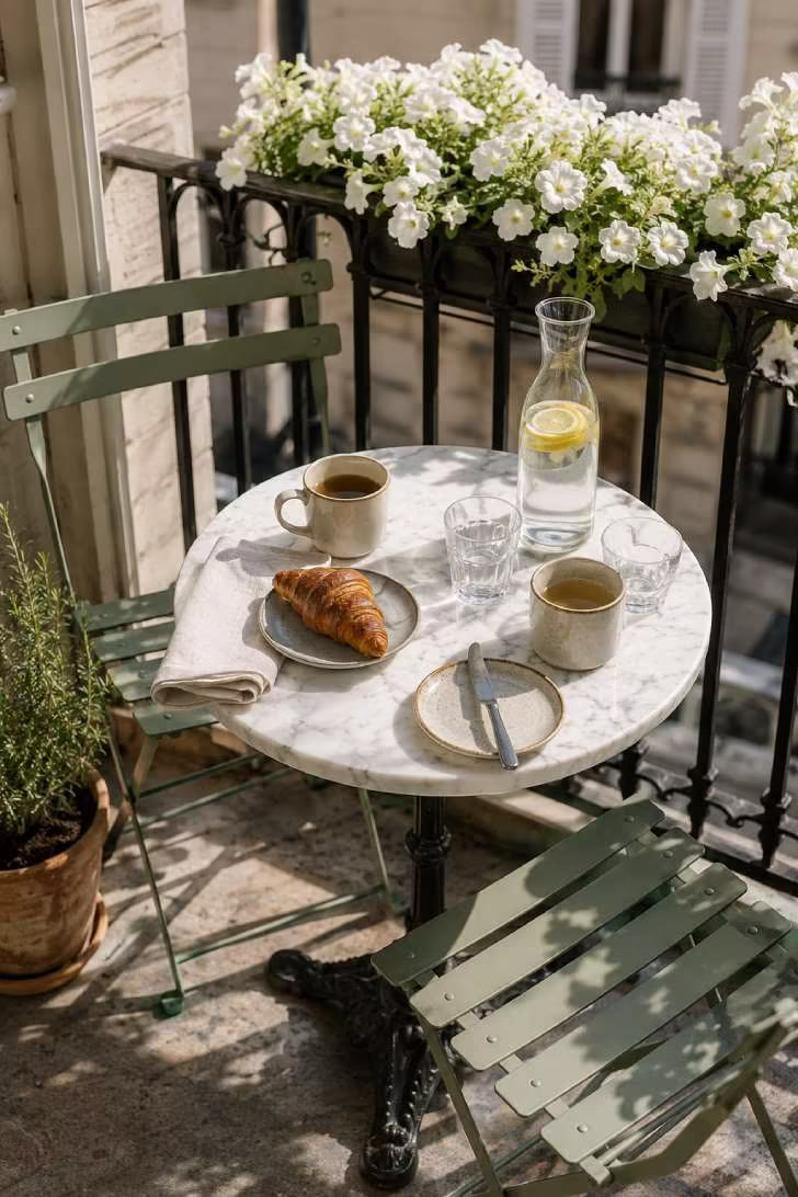 A narrow balcony bistro setup with marble table, sage green chairs, morning croissant, and a window box of white petunias