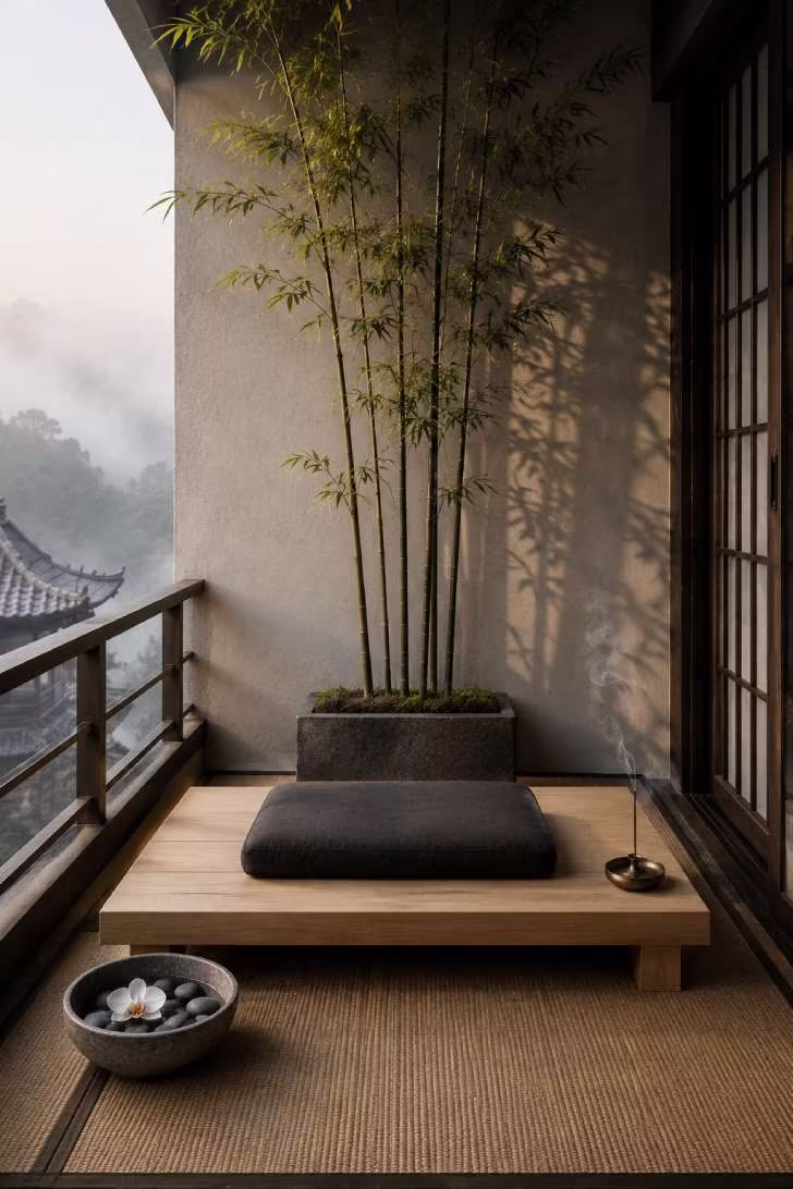 A Japanese Zen balcony with hinoki wood platform, meditation cushion, bamboo planter, and soft misty morning light