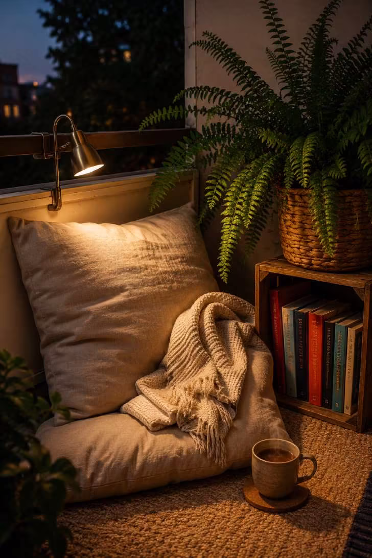 A cozy balcony reading corner with oversized linen cushion, wooden crate bookshelf, brass reading lamp, and a steaming mug of tea