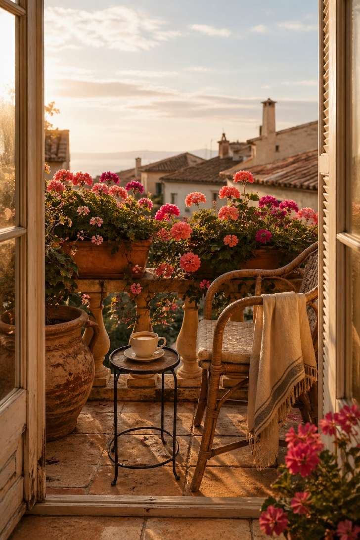 Trailing coral geraniums spilling over terracotta railing planters on a sunlit Mediterranean-style balcony with a rattan bistro chair and espresso cup.