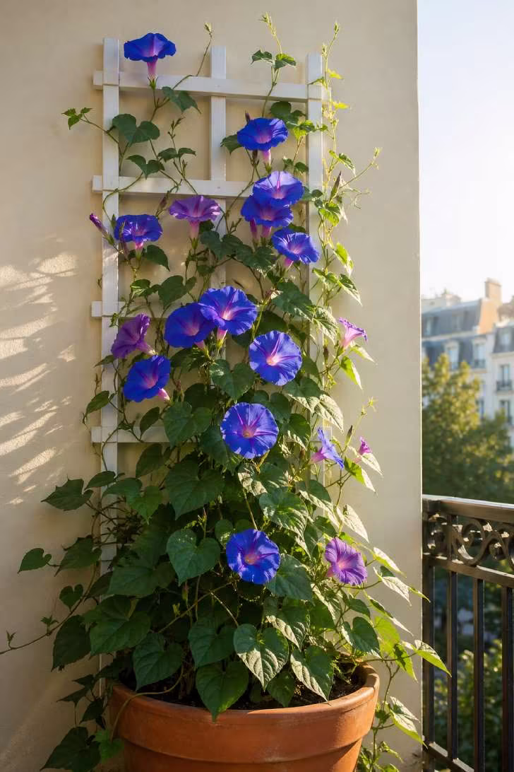 Cobalt blue and violet morning glory vines climbing a white wooden trellis against a cream wall on a balcony, blooms open in clean early morning light.
