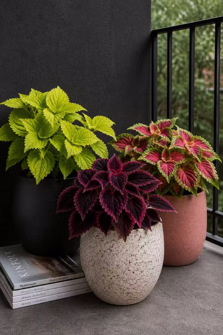 Three coleus plants in mismatched ceramic pots against a charcoal wall on a shady balcony, displaying chartreuse, burgundy, and watermelon-pink foliage in soft overcast light.