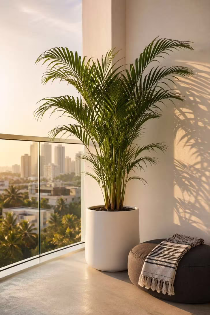 A tall parlor palm in a matte white cylinder planter on a modern balcony corner, its fronds casting feathery shadows on the wall in late-afternoon amber light.