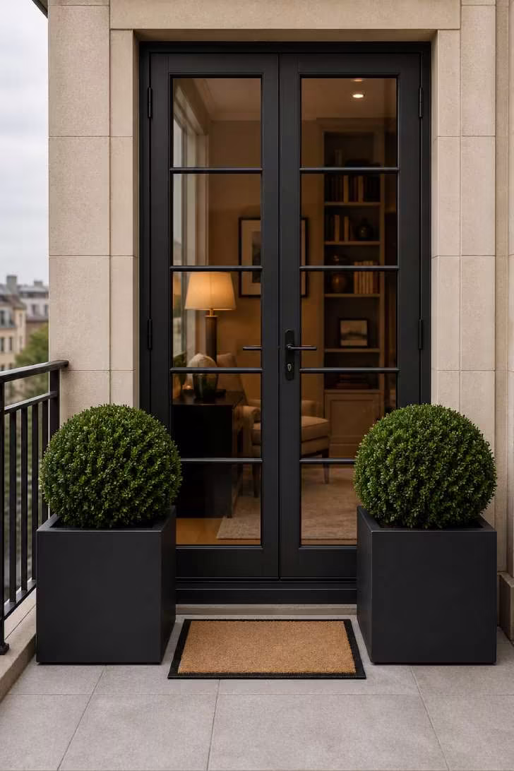 Two neatly clipped boxwood globes in matching charcoal square planters flanking a balcony door, on light gray tile with a coir doormat, in soft overcast light.