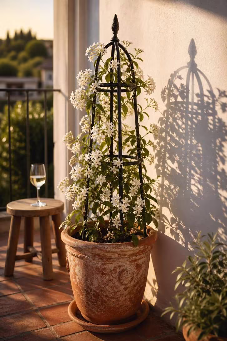 Star jasmine climbing a wrought iron obelisk trellis in a large terracotta pot on a balcony, white blooms catching golden late-afternoon light, with a wine glass on a stool behind.