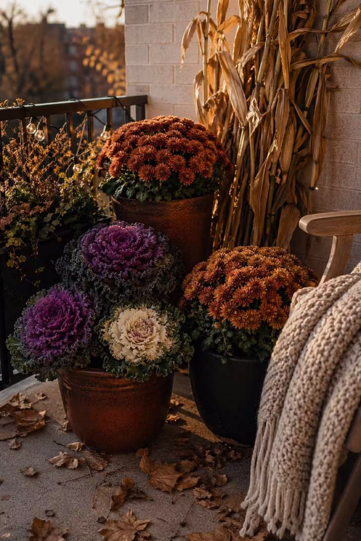 A fall balcony corner with ornamental kale and bronze chrysanthemums in rust and black pots, dried corn stalks, a knit throw on a chair, and scattered leaves on the floor.