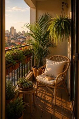 A small city balcony seen through an open sliding door, styled with trailing geraniums, a potted palm, hanging fern, and succulent tray, bathed in golden afternoon light with a rattan chair and a blurred skyline beyond.