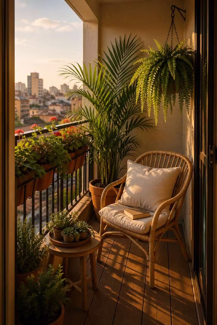 A small city balcony seen through an open sliding door, styled with trailing geraniums, a potted palm, hanging fern, and succulent tray, bathed in golden afternoon light with a rattan chair and a blurred skyline beyond.