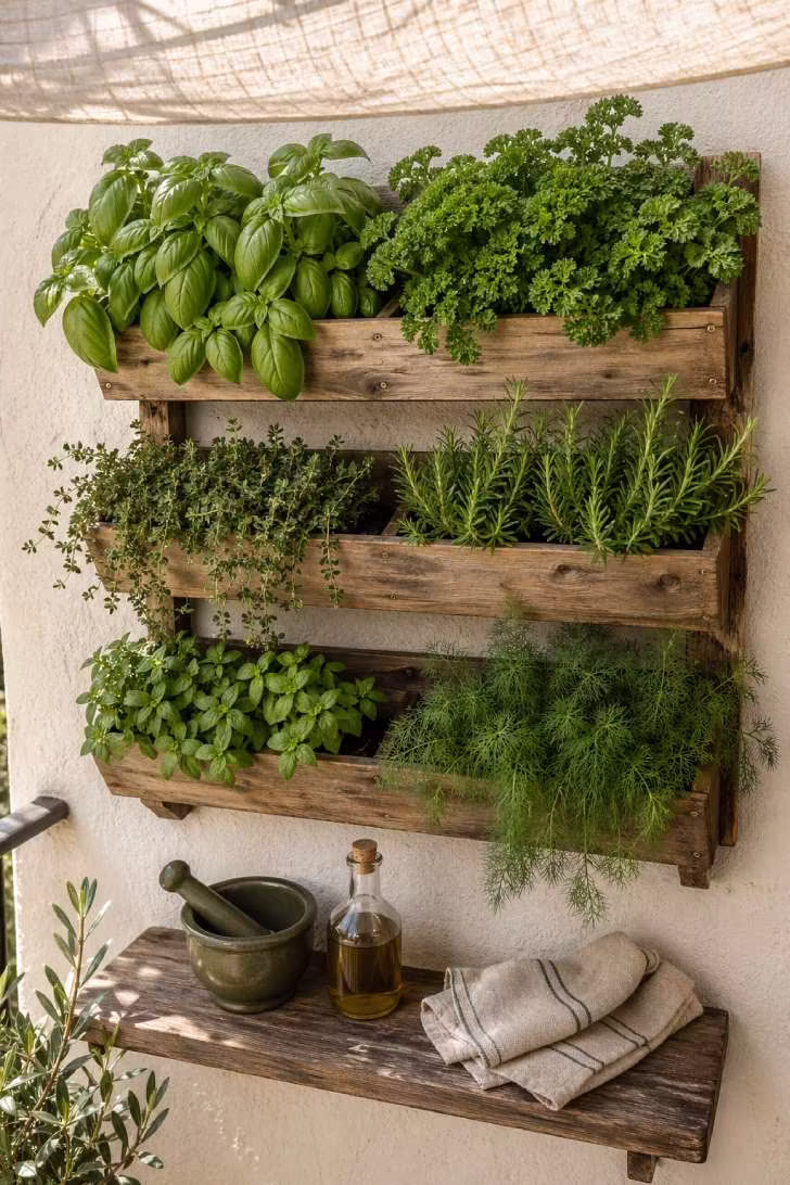 A vertical herb wall with wooden pocket planters holding basil, thyme, rosemary, and parsley on a white stucco balcony, with a hand reaching to pick basil.