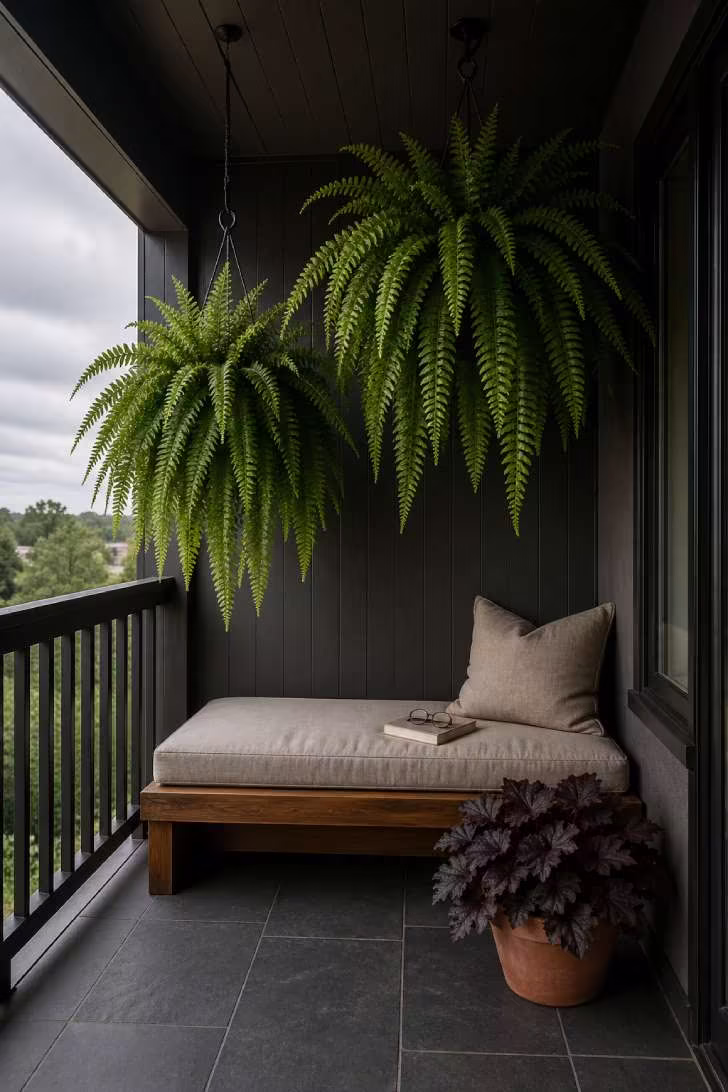 Two large Boston ferns hanging at staggered heights on a shady balcony with dark slate floors, a cushioned wooden bench, and a potted heuchera.