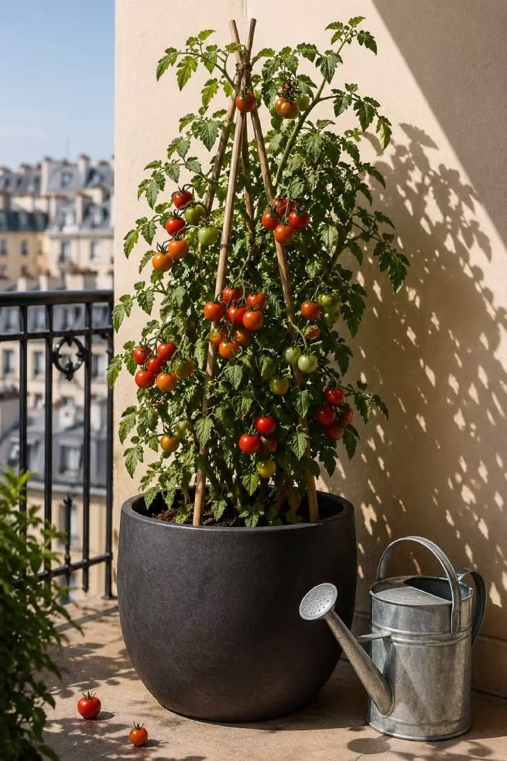 A loaded cherry tomato plant in a charcoal pot against a sunny cream wall, supported by bamboo stakes, with ripe red and orange tomatoes catching morning light.