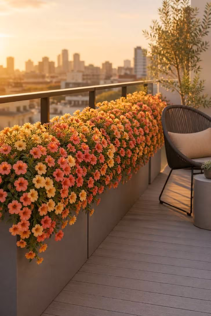 Cascading calibrachoa in peach, coral, and butter yellow tumbling from gray railing planters along a modern balcony at golden hour, with a lounge chair behind.