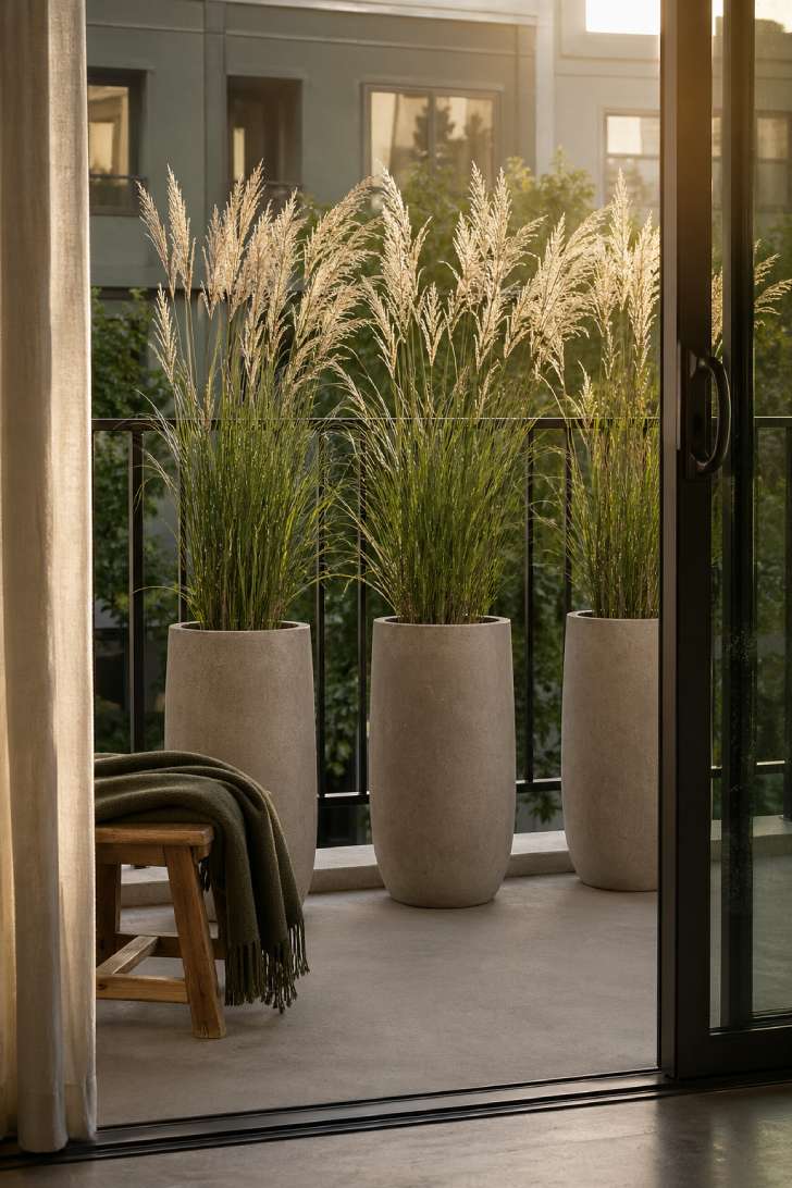 Three tall concrete planters of Karl Foerster feather reed grass along a balcony railing, partially screening the neighboring building, with a low wooden stool nearby.