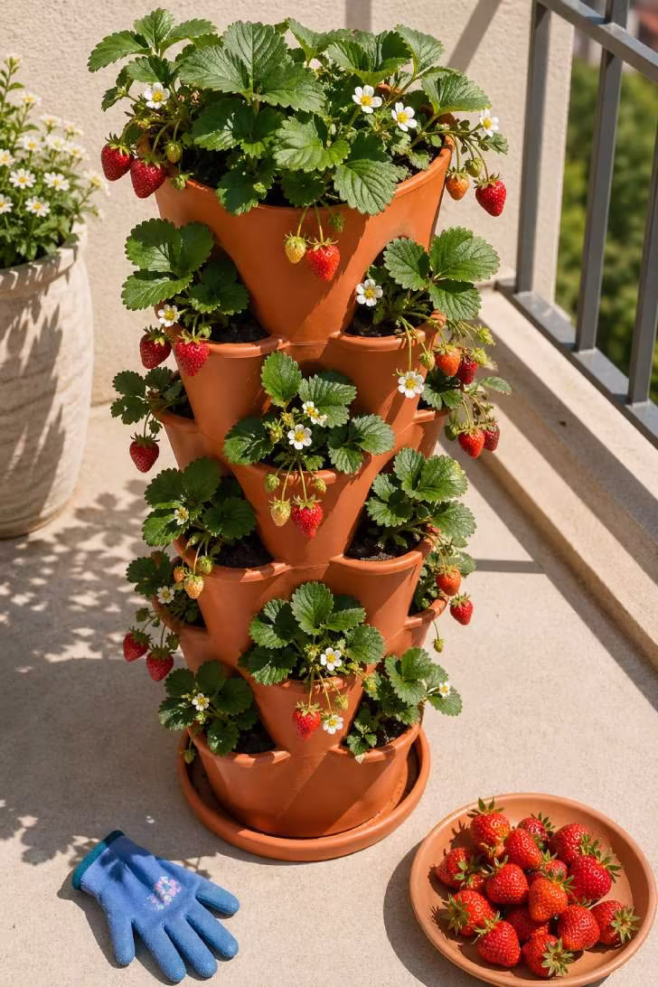A tiered terracotta vertical planter filled with strawberry plants bearing ripe red fruit on a sunny balcony, with a small saucer of picked berries nearby.
