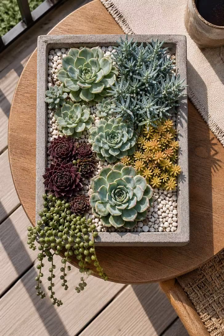 An overhead view of a shallow concrete tray filled with assorted succulents in sage, burgundy, and blue-gray, with white gravel between plants, on a round wooden table.