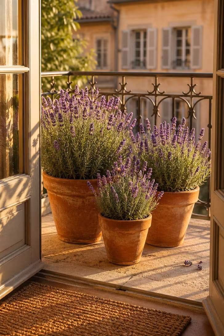 Three terracotta pots of blooming French lavender grouped near an open French door on a sunlit balcony, with fallen lavender stems on the pale stone floor.