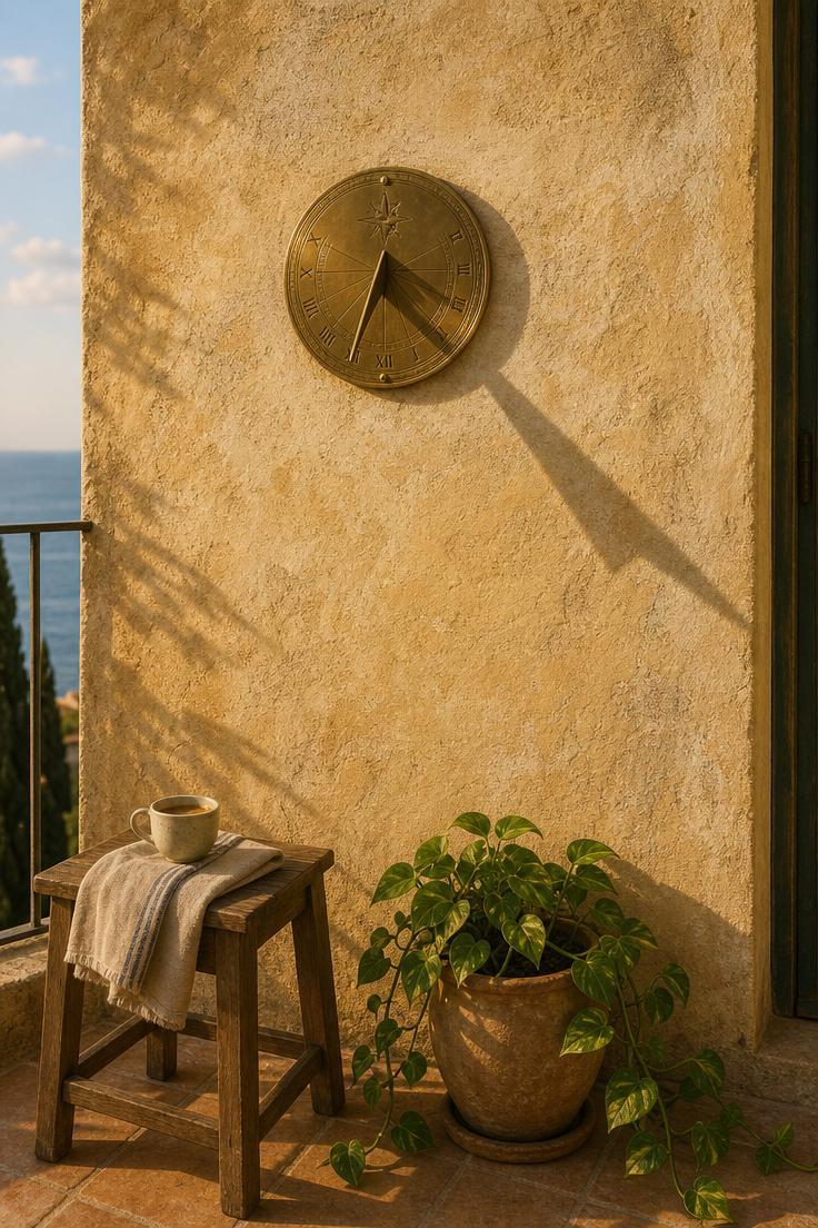 15 Bold Balcony Wall Decor Ideas That Catch the Eye 1 Brass sundial mounted on a limewash-painted concrete balcony wall in golden afternoon light