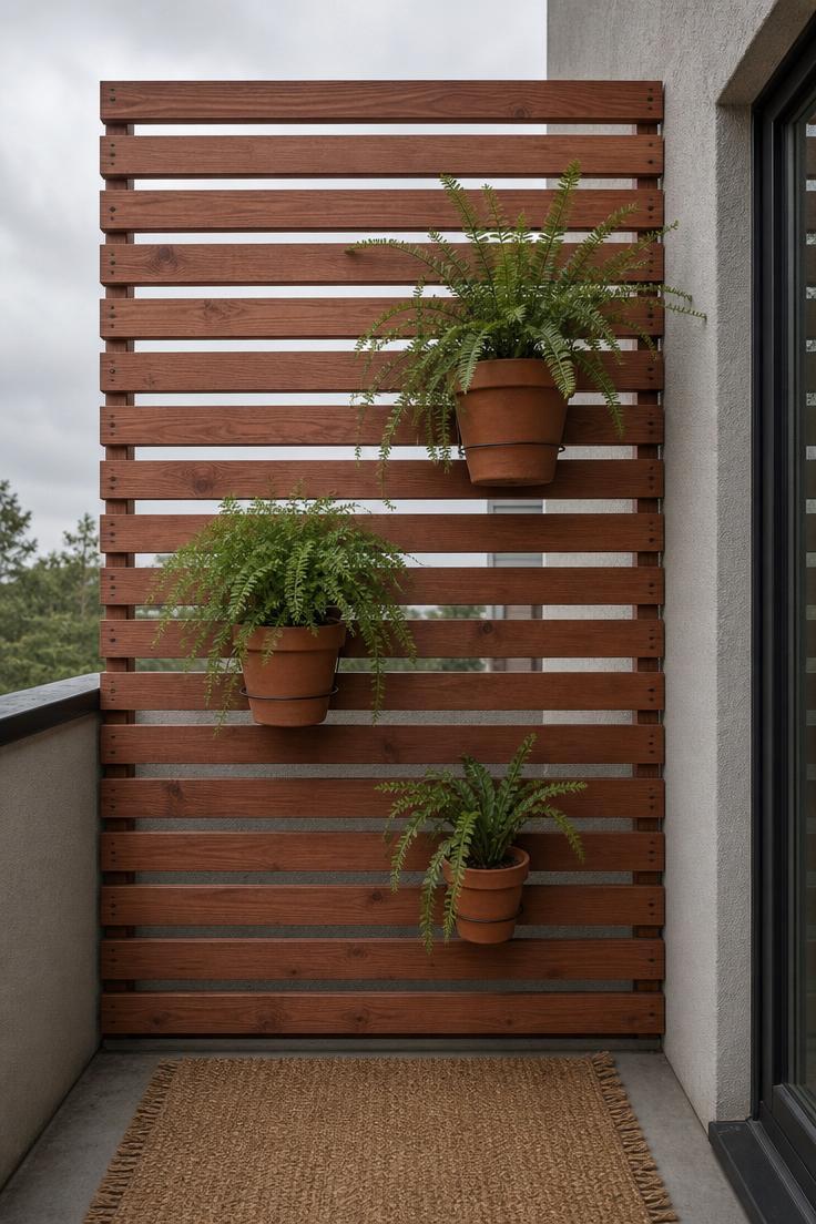 15 Bold Balcony Wall Decor Ideas That Catch the Eye 2 Cedar slatted privacy panel with staggered terracotta fern pots on a balcony wall on an overcast morning