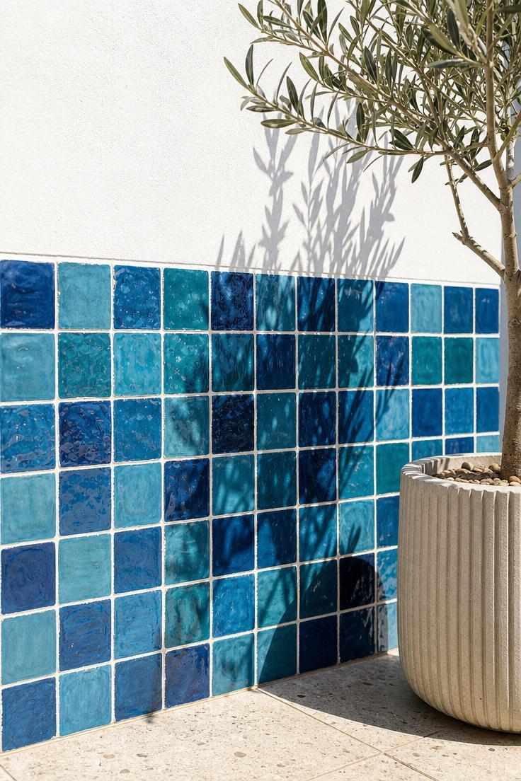 15 Bold Balcony Wall Decor Ideas That Catch the Eye 3 Ocean blue zellige peel-and-stick tiles on the lower half of a balcony wall in bright midday light