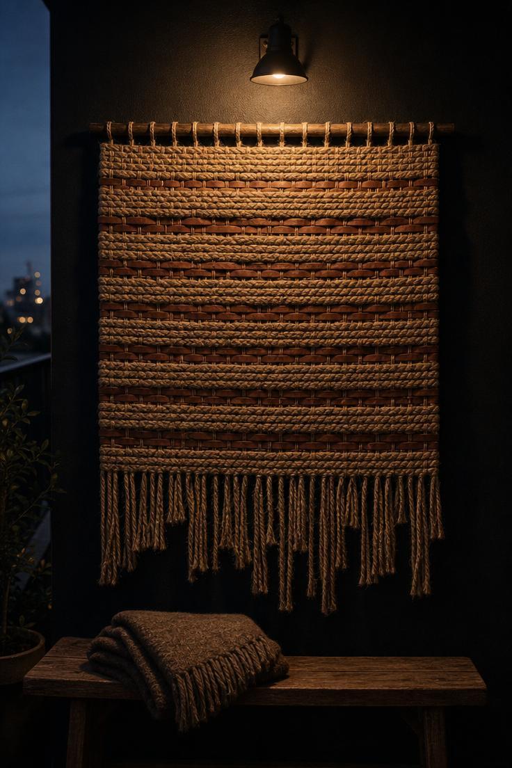 15 Bold Balcony Wall Decor Ideas That Catch the Eye 4 Woven jute and leather wall hanging on a matte black balcony wall under a warm clip light