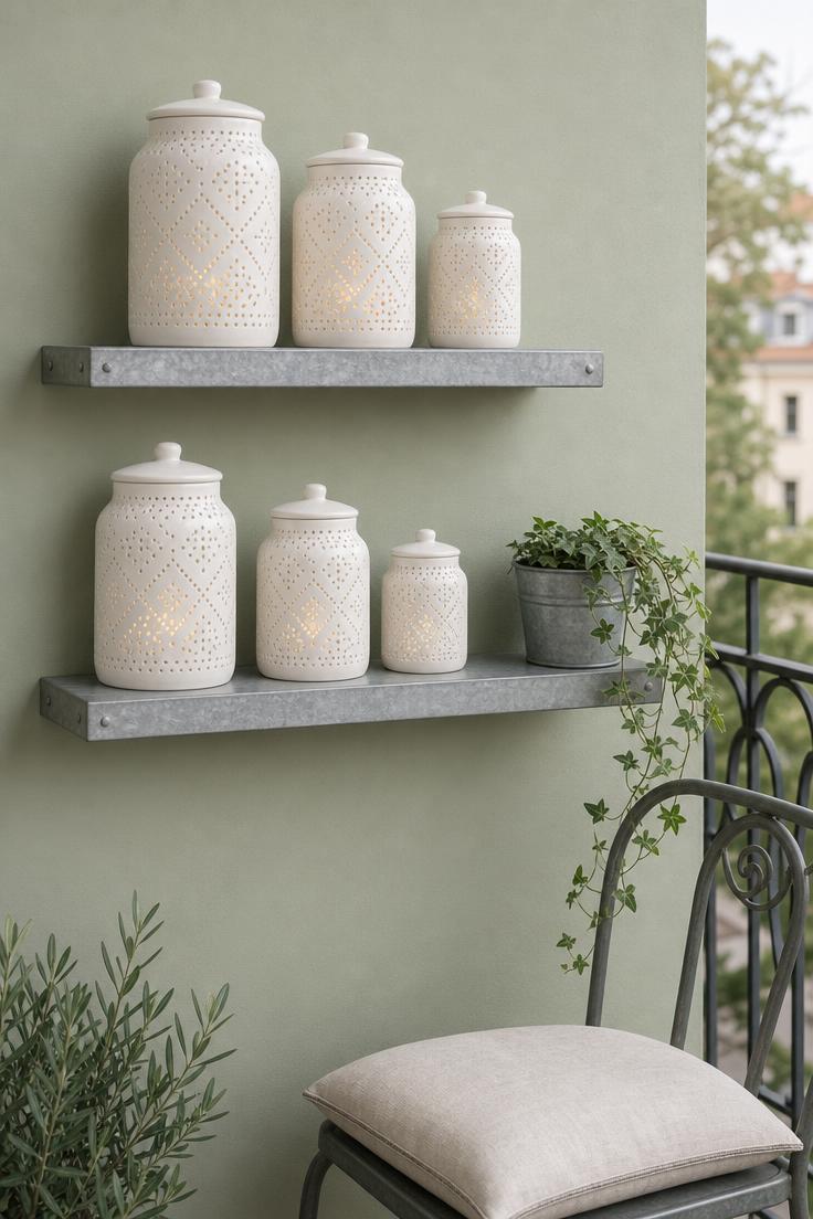 15 Bold Balcony Wall Decor Ideas That Catch the Eye 5 Galvanized steel floating shelves with white ceramic lanterns on a sage-green balcony wall in soft diffused light