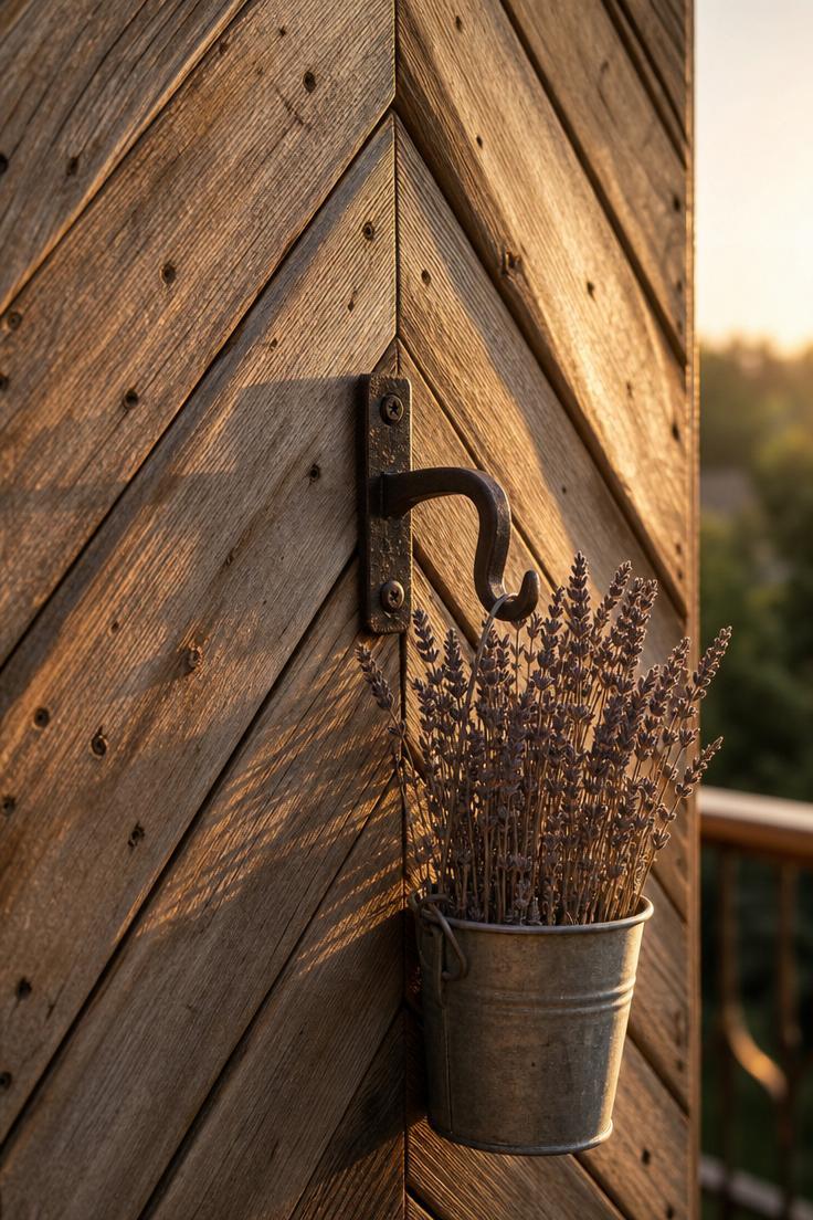 15 Bold Balcony Wall Decor Ideas That Catch the Eye 6 Close-up of reclaimed barnwood chevron panel with iron hook holding dried lavender on a balcony wall