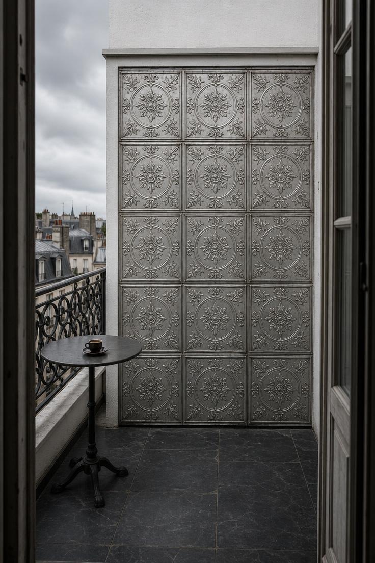 15 Bold Balcony Wall Decor Ideas That Catch the Eye 7 Pressed tin ceiling tiles repurposed as a balcony accent wall viewed from a doorway on an overcast day