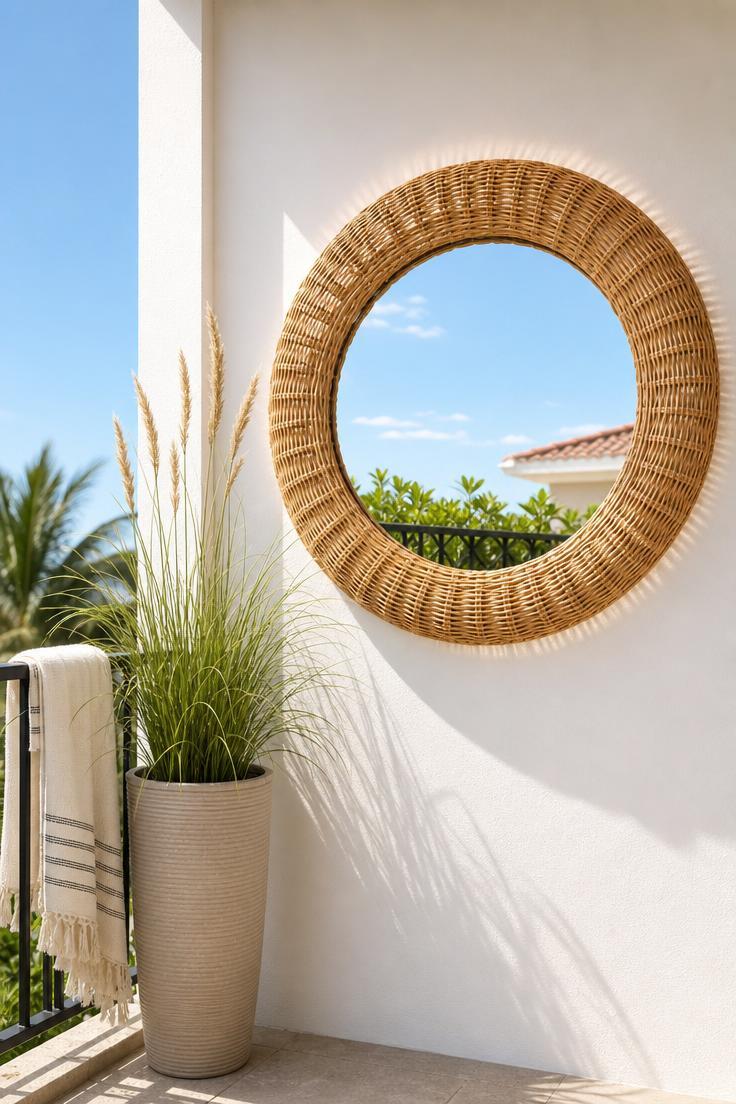 15 Bold Balcony Wall Decor Ideas That Catch the Eye 8 Oversized round rattan-framed mirror on a white balcony wall reflecting sky and greenery in midday sun
