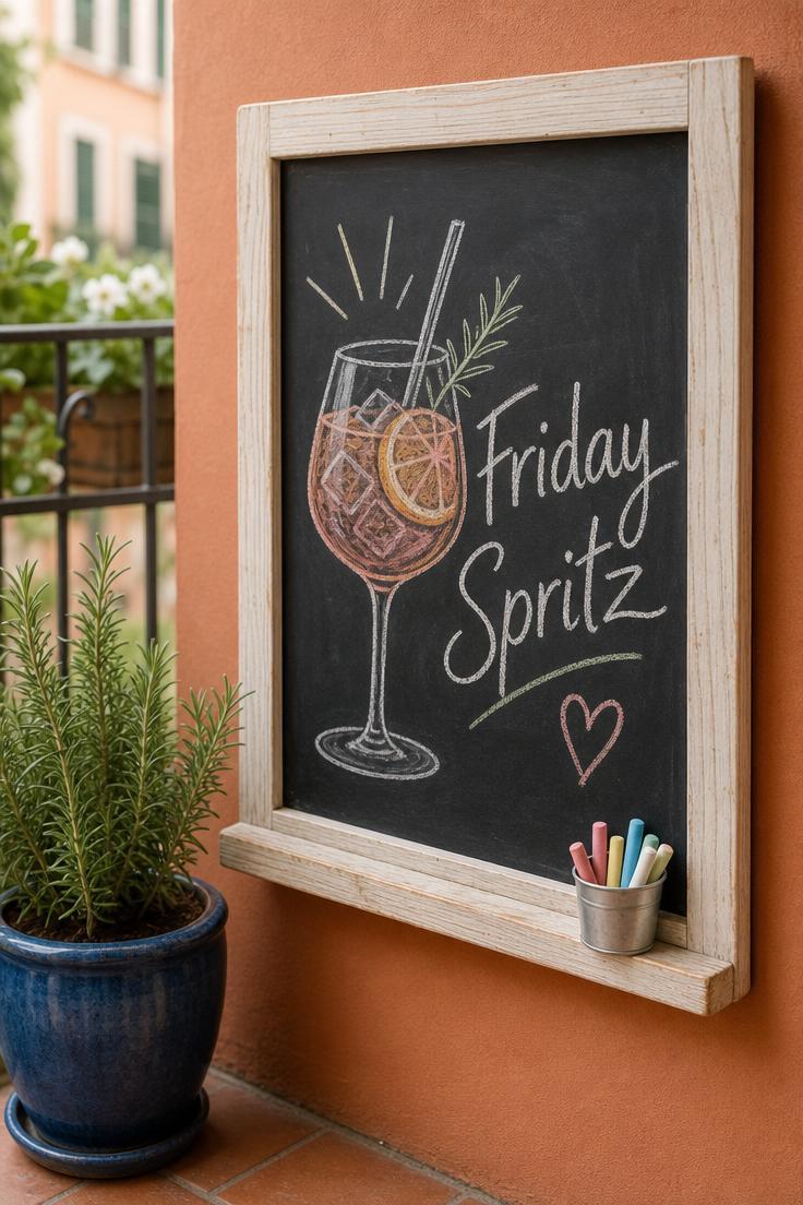 15 Bold Balcony Wall Decor Ideas That Catch the Eye 9 Outdoor chalkboard panel in a whitewashed pine frame on a terracotta balcony wall with a chalk cocktail sketch