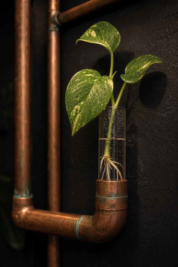 15 Bold Balcony Wall Decor Ideas That Catch the Eye 10 Close-up of copper pipe grid with glass test tube holding a pothos cutting on a dark balcony wall
